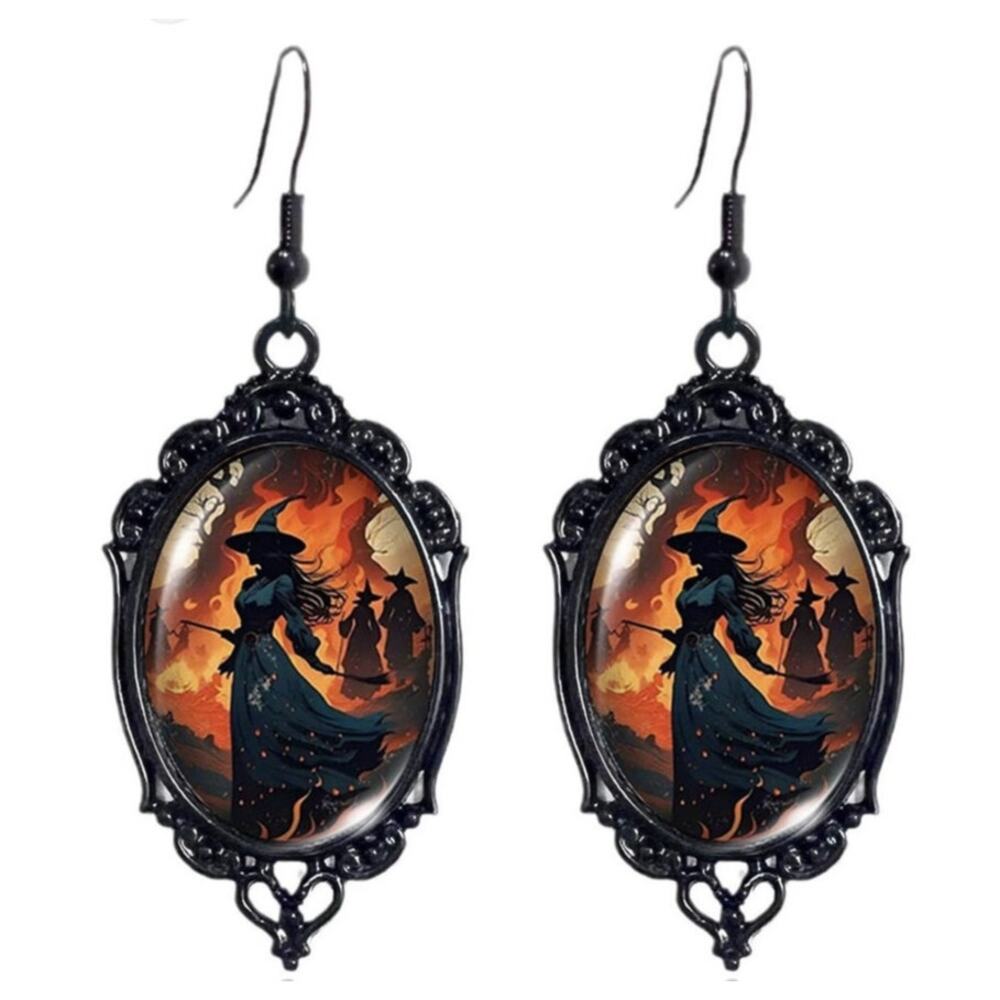 Gothic Mystery Witches Cameo Drop Hook Earrings Lace Frame Black Orange NWT